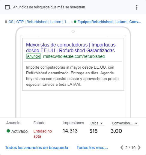 Reporte de anuncios Google Ads - RR Intec USA