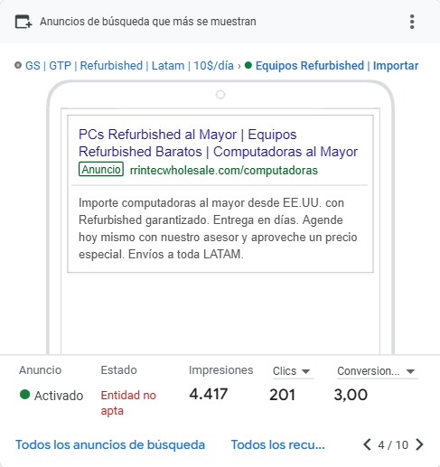 Reporte de anuncios Google Ads - RR Intec USA