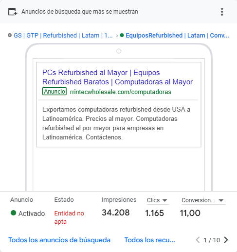 Reporte de anuncios Google Ads - RR Intec USA